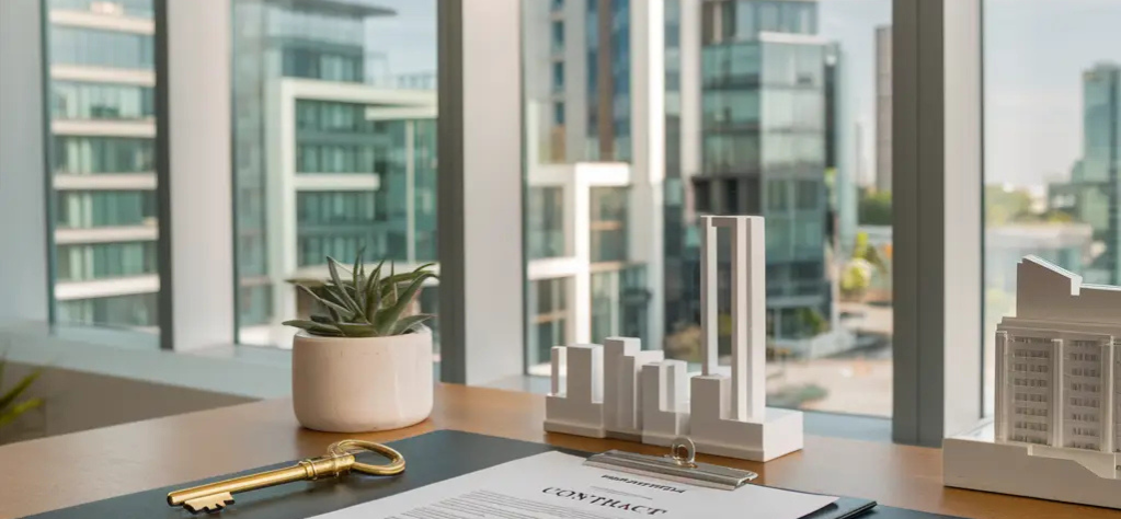 Schreibtisch mit Immobilienvertrag, goldener Schlüssel, Modellhäusern und Blick auf moderne Bürogebäude
