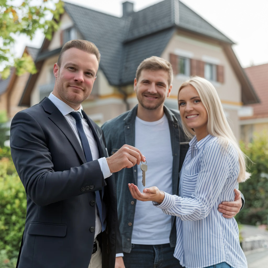 Schlüsselübergabe von einem Immobilienmakler an ein Pärchen