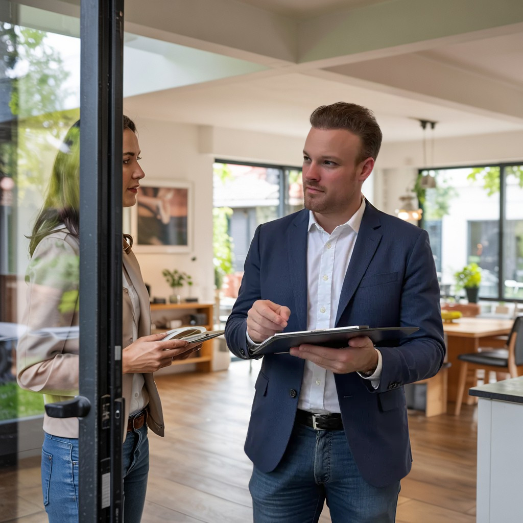 Immobilienmakler begutachtet Innenräume eines Hauses mit Kunde