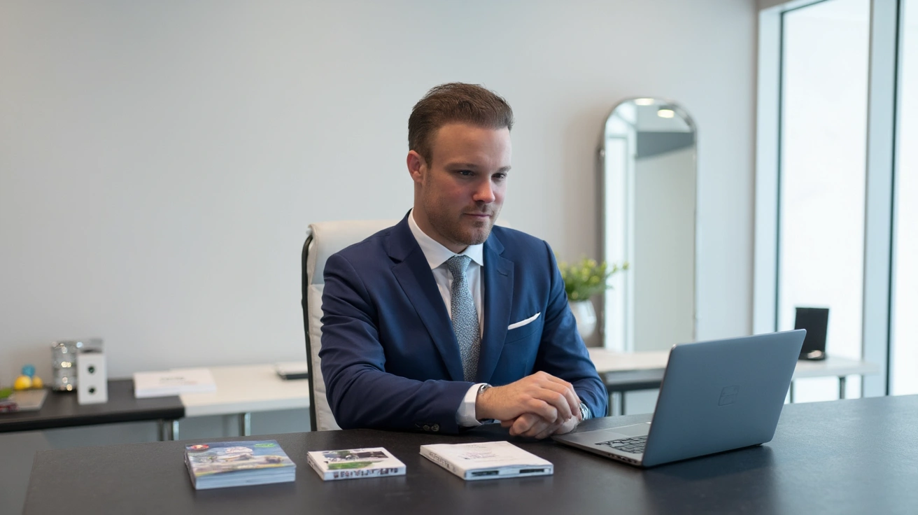Immobilienmakler sitzt vor dem PC und listet die Immobilienergebnisse