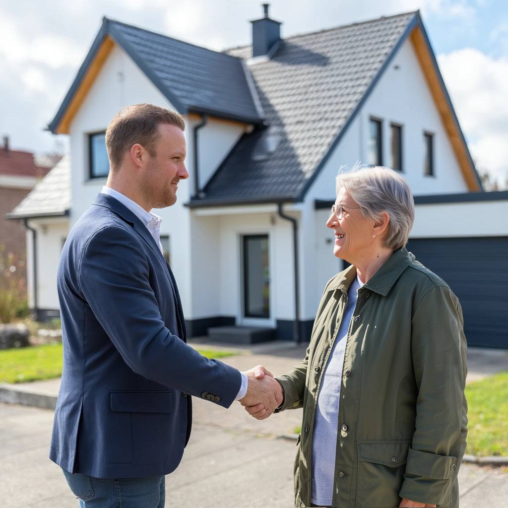 Immobilienmakler schüttelt die Hand eines Kunden nach einem Ankauf der Immobilie