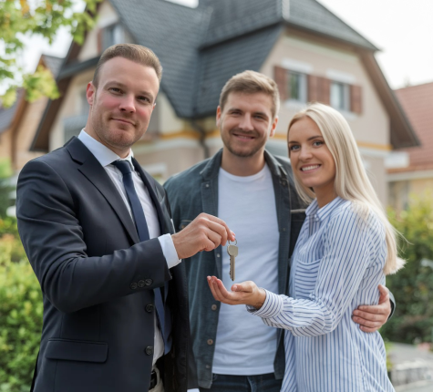 Schlüsselübergabe von einem Immobilienmakler an ein Pärchen
