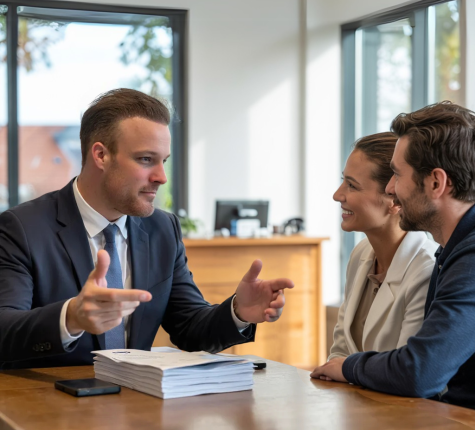 Immobilienmakler berät ein Paar aktiv, zeigt auf Dokumente