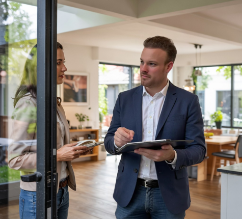 Immobilienmakler begutachtet Innenräume eines Hauses mit Kunde