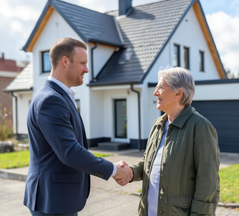 Immobilienmakler schüttelt die Hand eines Kunden nach einem Ankauf der Immobilie