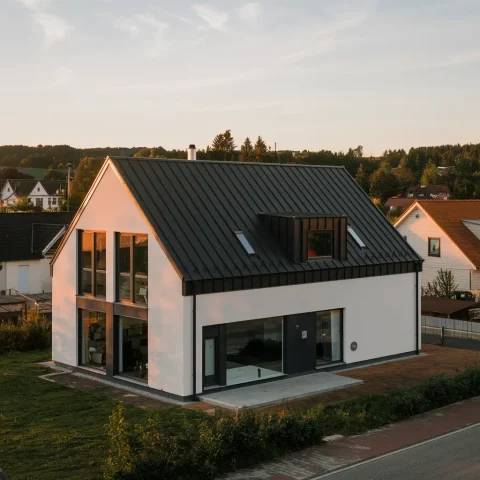 Modernes Einfamilienhaus mit Panoramafenstern in ruhiger Lage | Immo Hero Ein modernes Einfamilienhaus mit schwarzem Satteldach, großen Panoramafenstern und weißer Fassade in einer grünen Wohngegend bei Sonnenuntergang.